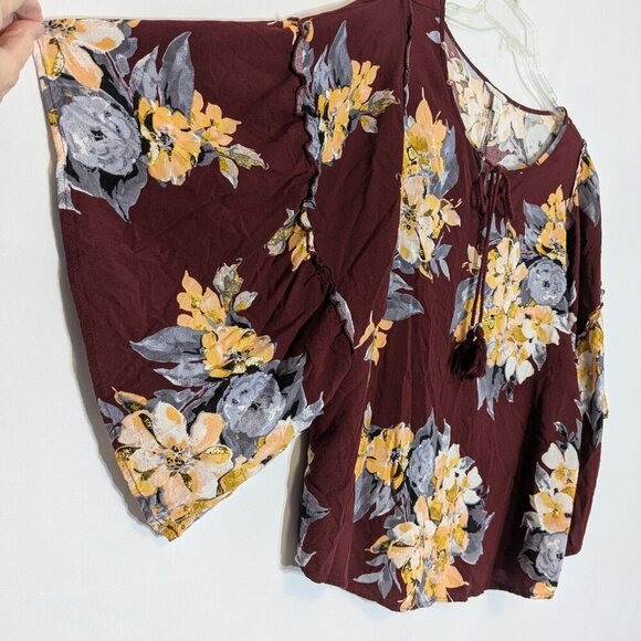 CATO Est 1946 Burgundy Floral Relaxed Fit Peasant Boho Top; Size L - Picture 2 of 6